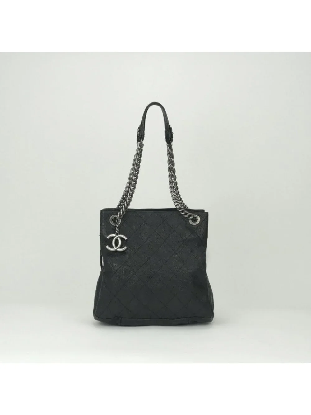 Chanel Quilted Tote Shoulder Bag Caviar Leather Black Silver Chain